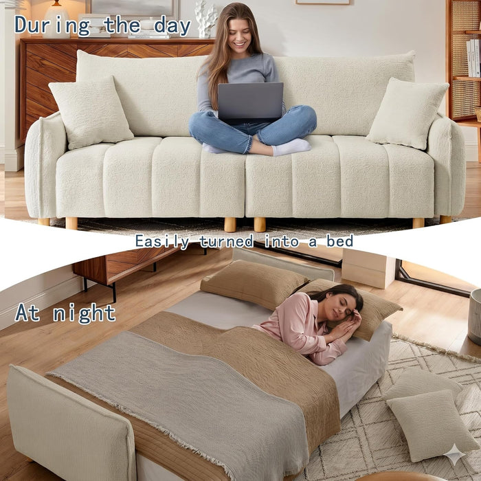 Cream Chenille Sleeper Sofa Bed With ExpandedStorage