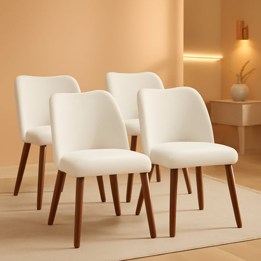 Linen Dining Chair Set of 4 Upholstered Fabric Dining Chair with Wood Legs, Wing Backrest, Wooden Kitchen Chairs with Thick Cushions, Leveling Feet for Dining Room, Living Room, White