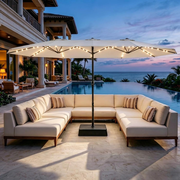 15 Ft Large Patio Umbrella with Lights, 36 LED Lights Double-Sided Patio Umbrella with Weighted Base for Poolside Garden Backyard