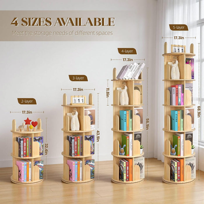 Rotating Solid Pinewood Five Tier Corner Bookshelf