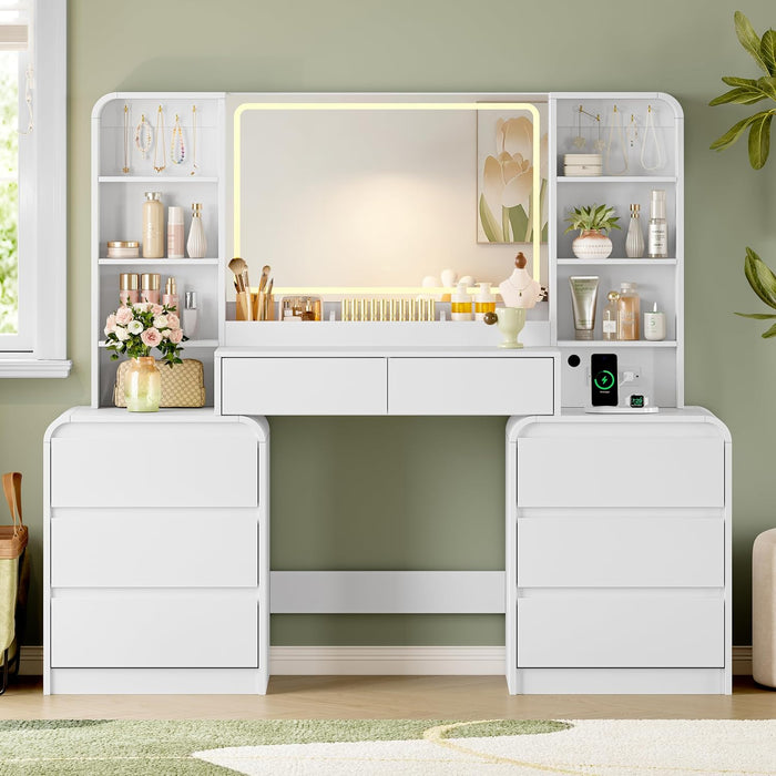 62" Makeup Vanity Desk with HD Lighted Mirror & Charging Station, White | 8 Drawers & Open Shelves, 3 Lighting Modes & Adjustable Brightness, Large Modern Dressing Table for Women & Girls
