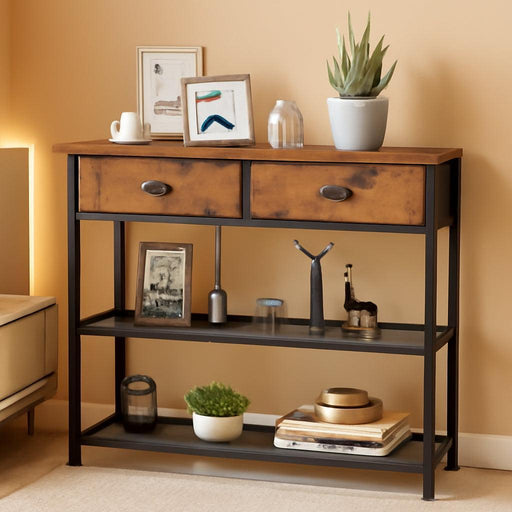 Console Sofa Table with Storage Shelf for Entry Way, Small 30'' Entryway Table with 2 Fabric Drawers, Industrial Display Shelves for Hallway, Entrance, Foyer, Rustic Brown