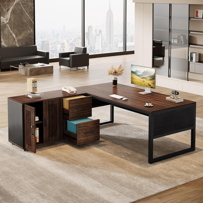 63-Inch L-Shaped Executive Desk, Modern Office Desk with Mobile File Cabinet, Large Executive Desks with Drawer, Business Furniture for Home Office, Dark Walnut & Black