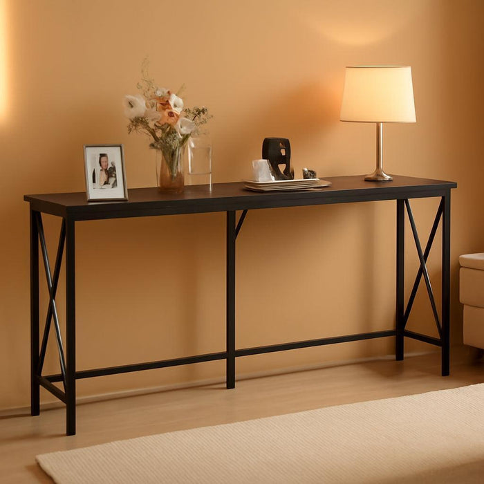 70 Inch Console Table with Outlets and USB-C Port, Extra Long behind Couch Sofa Table with X-Shaped Design, Narrow for Entryway, Living Room, Metal Frame, Wooden Top, Black