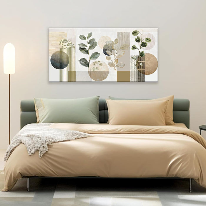 Green Boho Wall Art Minimalist Canvas Wall Art Decor Geometric Line Leaf Beige Green Wall Art Canvas Artwork Print Paintings Abstract Art Botanical Boho Room Office Home Wall Decor 20"X 40"