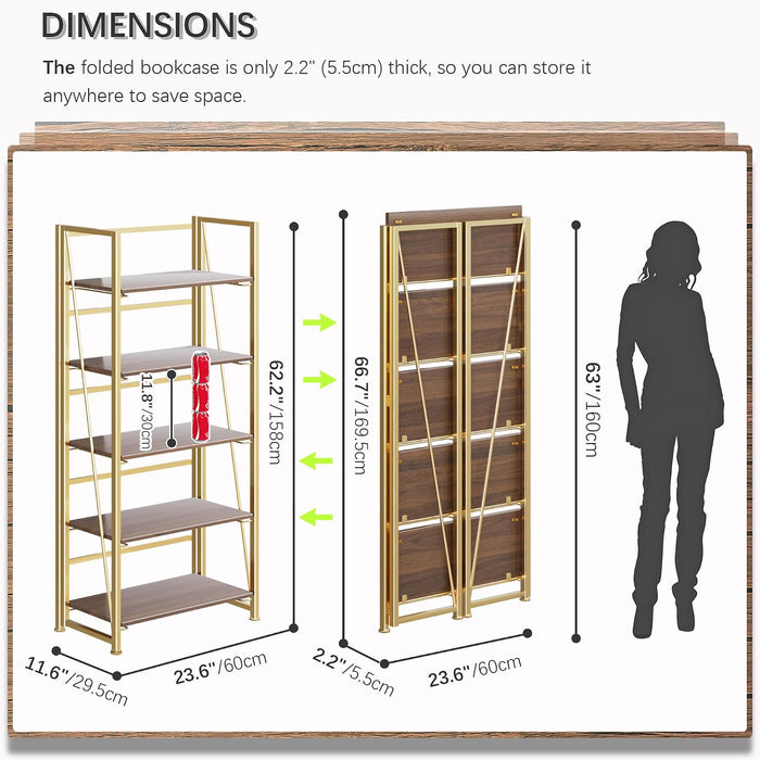 No Assembly Folding Bookshelf Book Shelves, 5-Tier 62.2"" H Collapsible Foldable Bookcase Storage Industrial Shelf for Living Room Bedroom Office