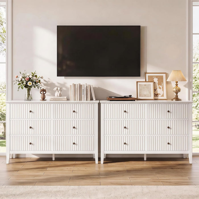 White 6 Drawer Dresser for Bedroom, Fluted Painted Wood Chest of Drawers, Modern TV Stand Storage Cabinet for Living Room, Entryway, 47" W X 16" D X 32" H