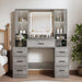 Vanity Desk with Mirror and Lights, Makeup Vanity with 7 Drawers, 2 Glass Door Cabinets, Charging Station, Adjustable Shelves, RGB Lighting, Holder