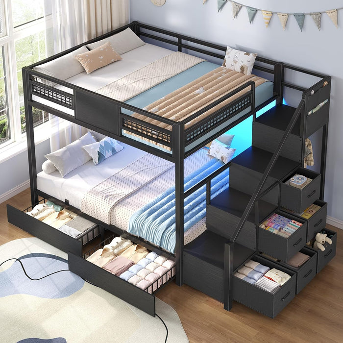 Black FullOverFull Bunk Bed LEDLighting Quality Durable