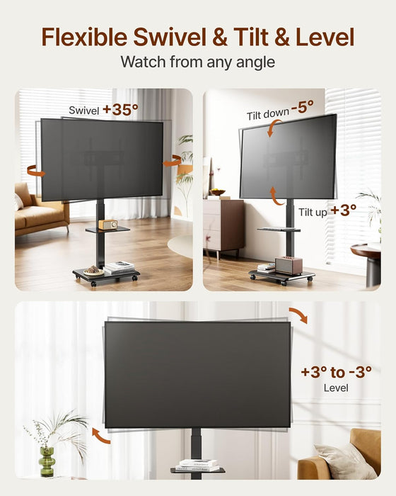 Steel Base Rolling TV Stand for 32-75 Inch Tvs up to 110 Lbs, Leveling & Tilt & Swivel Mobile TV Stand with Hidden Wire Management, Height Adjustable Portable Tv Stand with Steel Shelf, Black