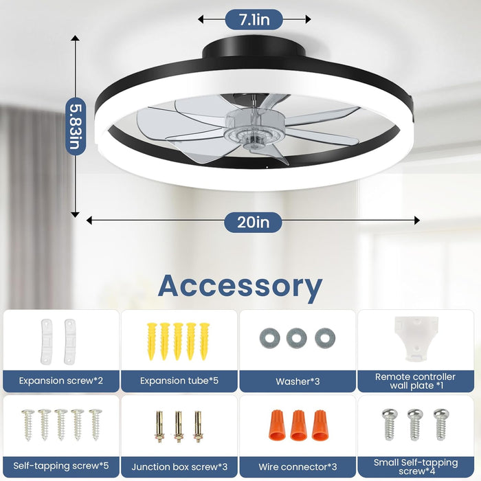 Ceiling Fan with Light, 20" Modern Low Profile Foldable Ceiling Fans with 6 Wind Speeds, Dimmable Smart Ceiling Fan Light with Remote for Bedroom, Kids Room and Living Room (Black)