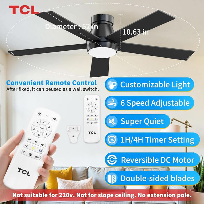 52" Black Ceiling Fan with Light and Remote, Modern LED 3-Color, 3CCT, Quiet Motor for Bedroom, Living Room, Dining Room, Ceiling Fans with Lights (Black)