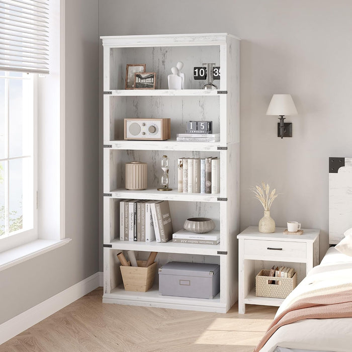 5 Tier Farmhouse Bookcase, 67.4 in Tall Book Shelf with Storage
