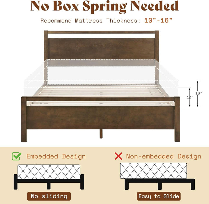 Queen Size Solid Wood Bed Frame with Headboard, Minimalist Platform Bed with Wooden Slats Support/No Box Spring Needed/Easy Assembly/Noise-Free, Dark Brown