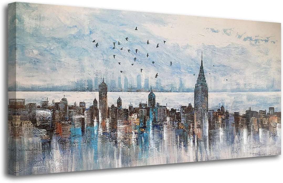 Cityscape Wall Art New York City Skyline Canvas Picture Living Room, Modern Abstract Grey NYC Painting Framed Artwork for Bedroom Home Office Mens Room Wall Decor, Extra Large 58"X29"