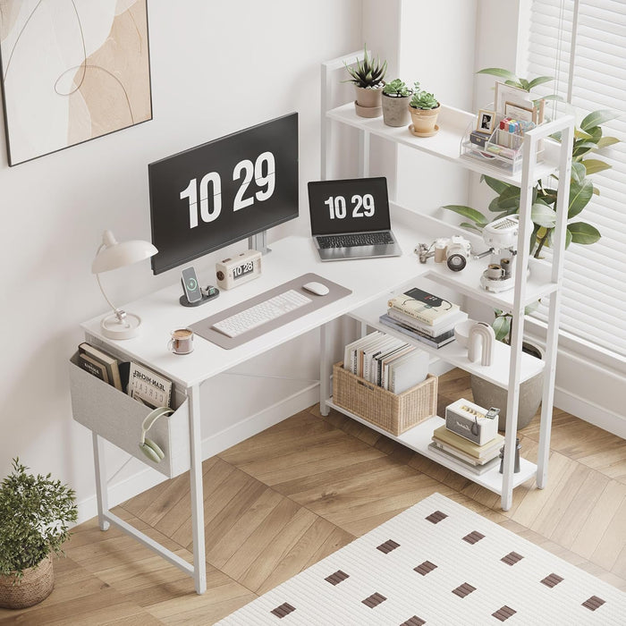 47 Inch Computer Desk with Bookshelf, Corner Desk with Storage, L Shaped Desk, Home Office Desks, Writing Study Desk for Bedroom, White