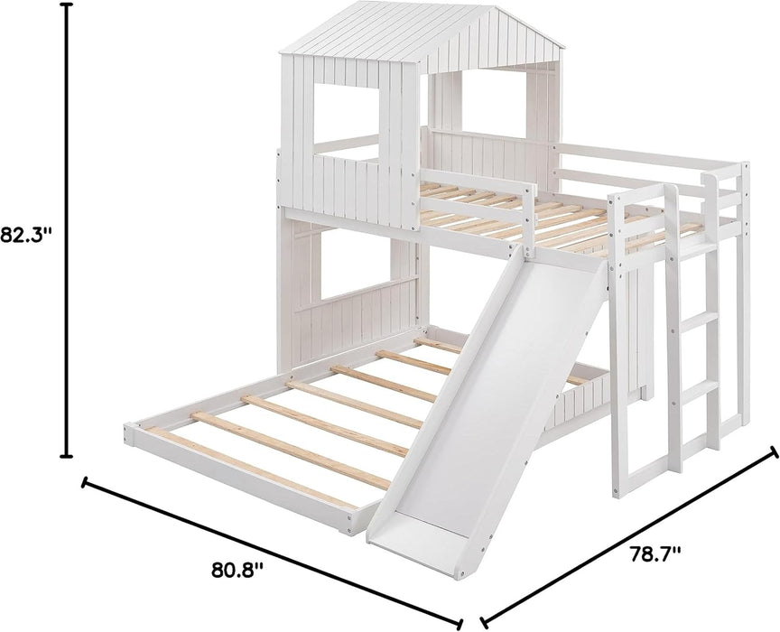 Twin over Full Bunk Bed Frames Loft Bed with Slide, House Roof, Window and Safety Guardrails for Boys or Girls, White
