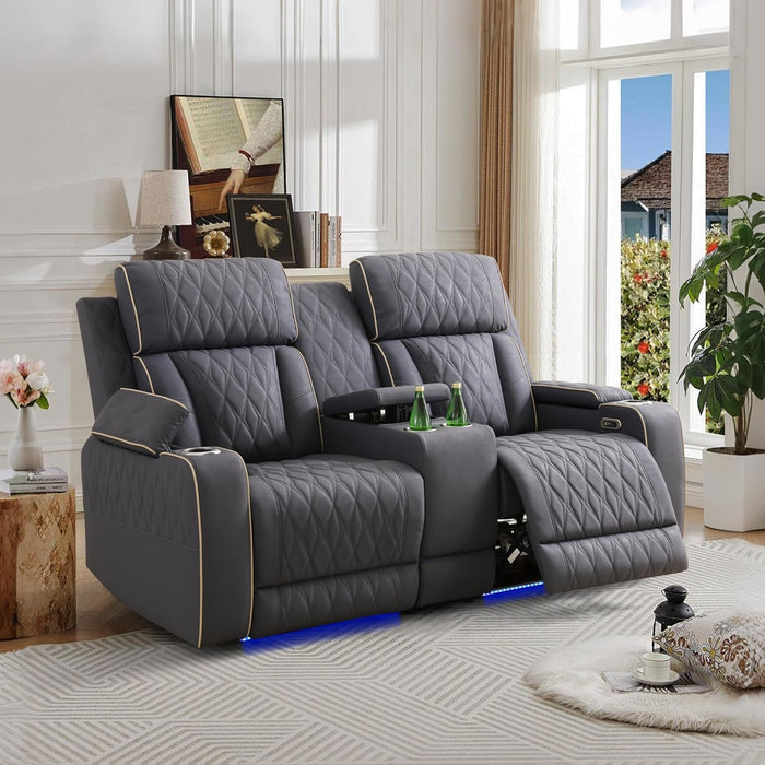 Breathable Leather Power Recliner Sofa Set, 3 Piece Living Room Furniture Set, Electric Reclining Couch Loveseat Chair with Cup Holders, LED Light, USB Port and Storage for Home Theater (Blue-Gray)