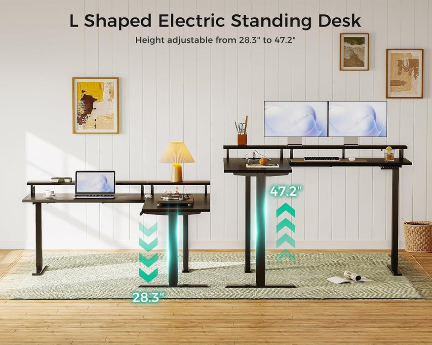 Electric L Shaped Standing Desk with Monitor Stand, 59 Inch Height Adjustable Corner Desk with Power Outlets, Large Sit Stand Table, Reversible Computer Desk for Home, Office, Black