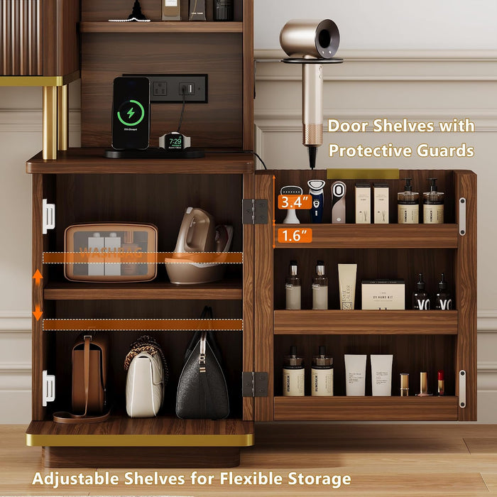 Makeup Vanity Desk with round Mirror and Lights, Glass Top Vanity Table W/5X Magnifying Makeup Mirror, Dressing Table W/Power Outlets, Doorshelves & Adjustable Storage, Dark Brown