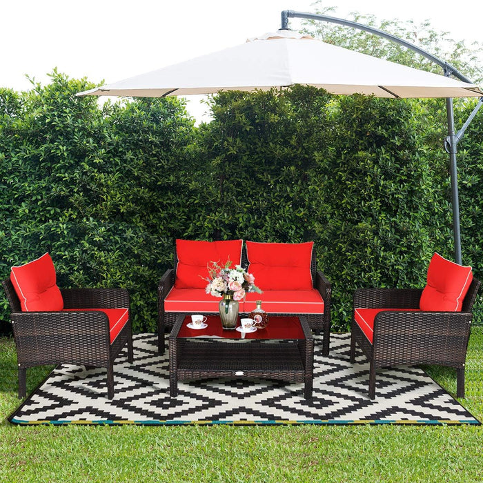 4 Piece Patio Furniture Set, Outdoor Wicker Conversation Set with Glass Top Coffee Table, All Weather Proof and Thick Cushions, Suitable for Porch, Garden, Poolside and Lawn (Red)