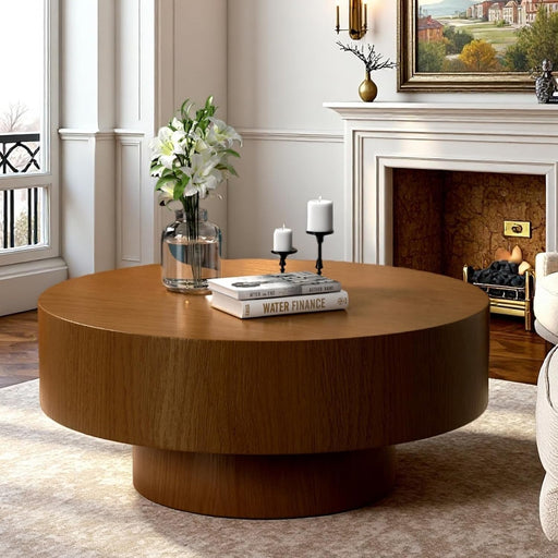 30.5In round Drum Coffee Table Modern Coffee Table with Sturdy Base Wood Circle Coffee Tables Accent Cocktail Table Center Tables for Living Room Apartment (30.51In)