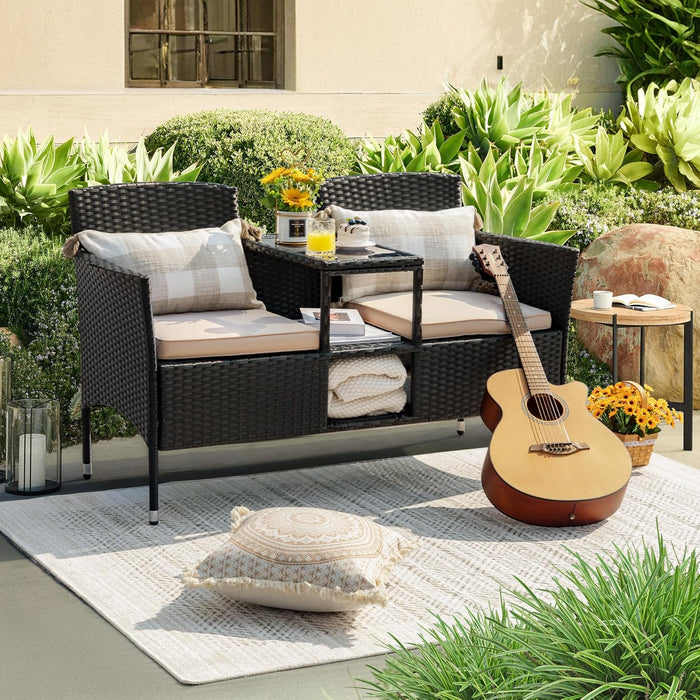 Outdoor Patio Loveseat Modern Rattan 2-Seat Patio Conversation Set with Cushions & Built-In Coffee Table Porch Furniture for Garden Lawn Backyard (Beige)