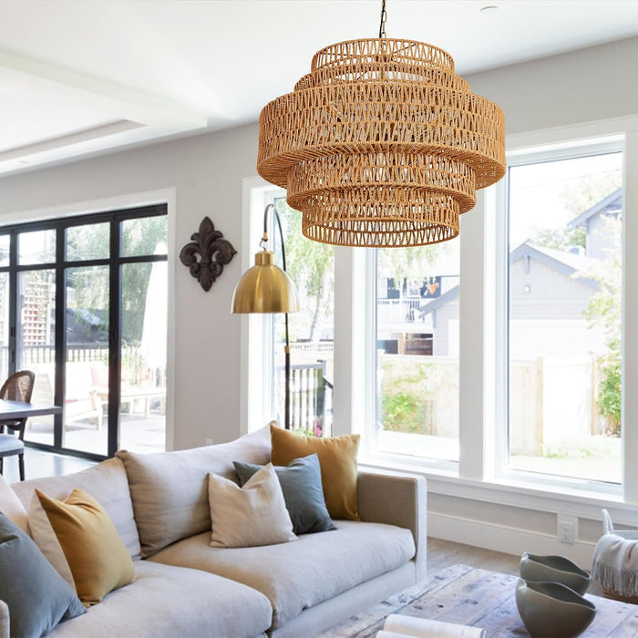 28.7In Large Rattan Chandelier 8-Light Gold Boho Rattan Chandelier