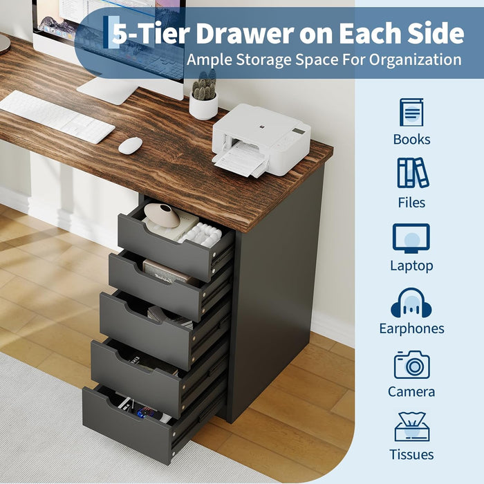 Computer Desk with 5 Drawers, 47 Inch Modern Simple Study Writing Desk with Storage, Rustic Home Office Desk, Reversible Computer Desk for Home Office, Brown+Black