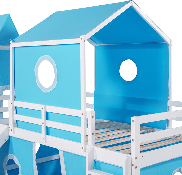 Blue SolidWood Twin Loft Bed With SlideUnderbedCurtains