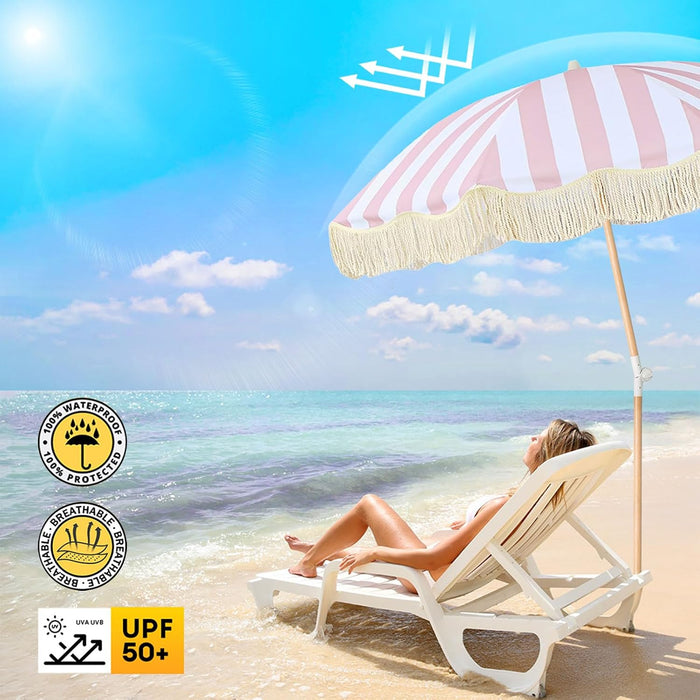 Boho Outdoor Umbrella with Tassels,6Ft Table Umbrella Outdoor Patio with Knobs Tilt,Wind Resistant Portable Beach Umbrella UPF50+ Fringe Umbrellas for Pool Backyard Deck Garden