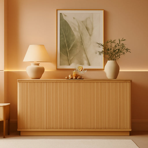 63" Fluted Sideboard Buffet Cabinet with Storage, Oak Modern Wood Credenza Media Console with 4 Doors, Mid Century Sideboard for Living Room Kitchen Entryway