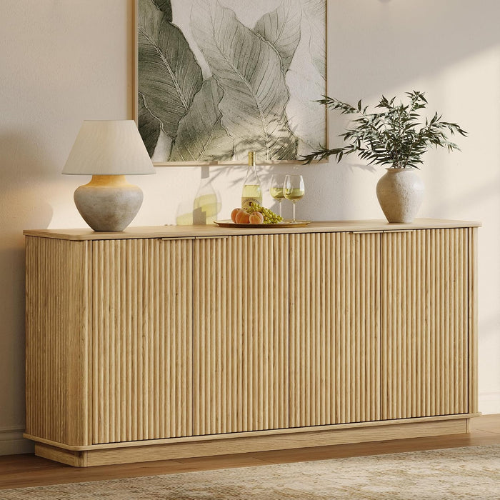 63" Fluted Sideboard Buffet Cabinet with Storage, Oak Modern Wood Credenza Media Console with 4 Doors, Mid Century Sideboard for Living Room Kitchen Entryway