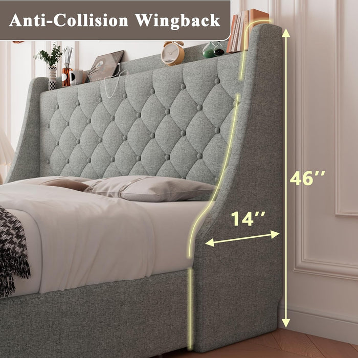 Upholstered Full Size Bed Frame with 4 Storage Drawers, Charging Station and Tufted Wingback Storage Headboard, No Box Spring Needed, Easy Assembly, Light Grey