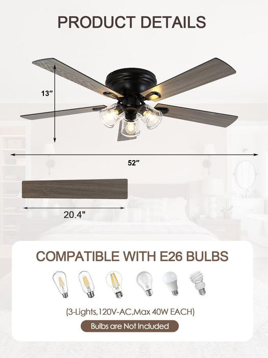 52 Inch Vintage Ceiling Fan with Light and Remote Control | Flush Mount Chandelier Fandelier Rustic with 6 Speeds 5 Reversible Blades for Bedroom Kitchen Dining Room