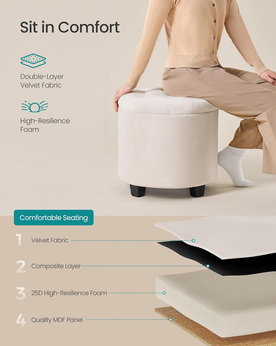round Ottoman, Ottoman with Storage, 17.7 X 17.7 X 17.5 Inches, Foot Rest with Legs, Velvet, Load up to 330 Lb, for Living Room, Bedroom, Cream White ULOM012W01