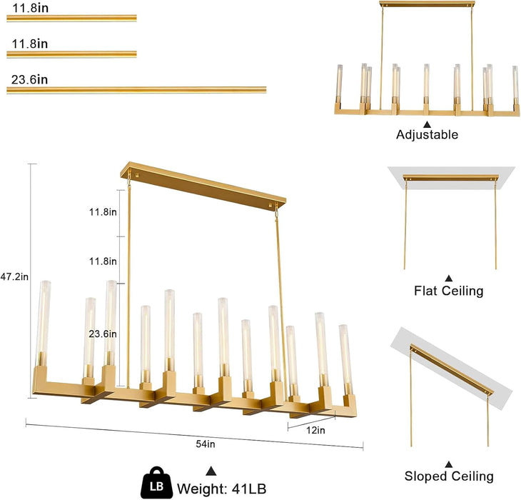 Glass Tube Chandelier Gold Rectangular Dining Pendant