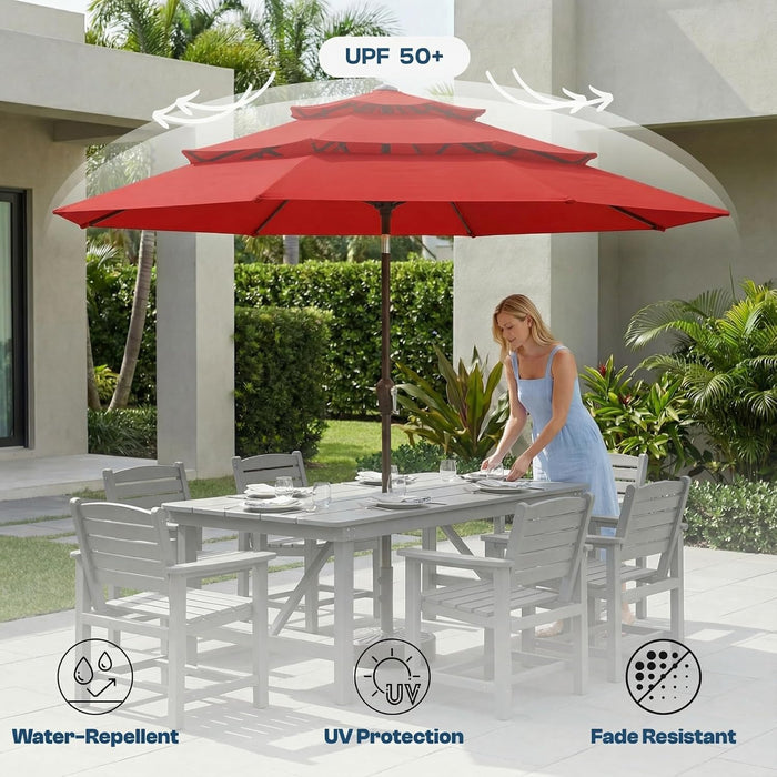 10Ft Patio Umbrella, 3 Tier Outdoor Market Table Umbrellas with 8 Fiberglass Ribs and Push Button Tilt, Windproof, Vented Canopy, UV Protection for Deck, Pool, Backyard, Red