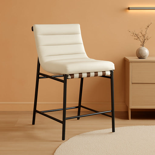 813Cream-C Burke Collection Modern | Contemporary Counter Stool with Soft Cream Vegan Leather, Cream Vegan Leather Straps, Matte Black Metal Frame, 18" W X 24" D X 37.5" H, Cream