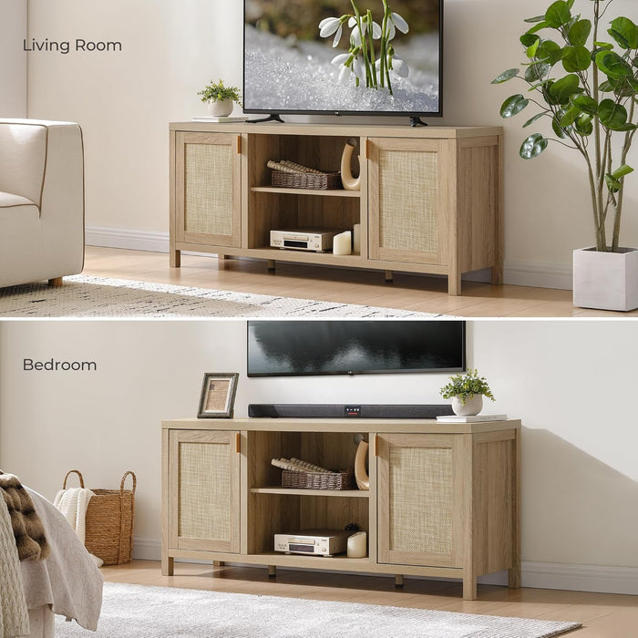Rattan TV Stand for Living Room - 26" Tall TV Console Cabinet with Storage and Adjustable Shelf, Boho Entertainment Center, 59" Media Console for 50, 55, 65 Inch TV, Light Oak