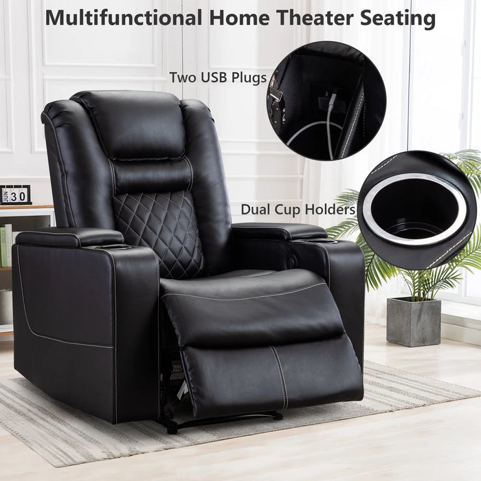 Power Electric Recliner Chair with USB Ports and Cup Holders Leather Home Theater Seating, Living Room Chair Black