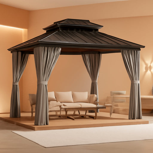 10x12 Feet SturdyHardtop Gazebo Grey Weatherproof Netting