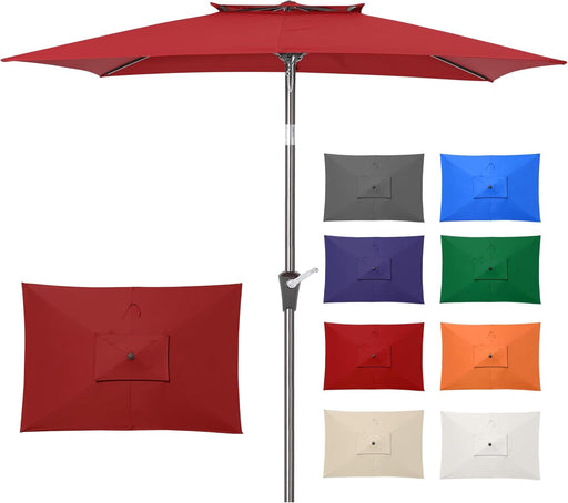 6.6 X 10 Ft Rectangular Patio Umbrella, Outdoor Market Table Umbrella with Push Button Tilt and Crank, Double-Tier Vent, 6 Ribs, Rectangle Patio Umbrella for Backyard, Deck, Pool, Fits 4–6 Chairs and Tables (Wine Red)