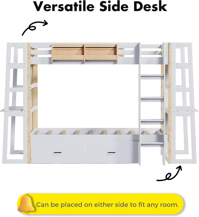 Wooden Twin over Twin Bunk Bed with Desk, Charging Station and LED Lights, Convertible Solid Wood Frame with Ladders and Drawers, Sturdy Wood Bunk Bed for Kids, Space-Saving (Twin over Twin)