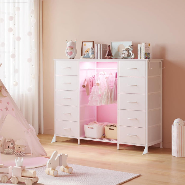 55"W Dresser with Hanging Rack,10 Fabric Drawers & Hooks for Bedroom