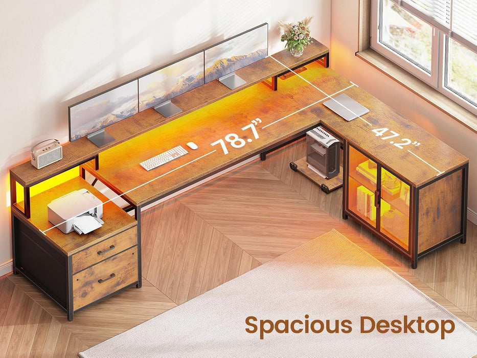 78.7” Large L Shaped Desk with Storage Drawers, Office Desk with File Drawer and Display Cabinet, L Shaped Gaming Desk with Storage, Power Outlet and LED Lights for Home Office, Rustic Brown
