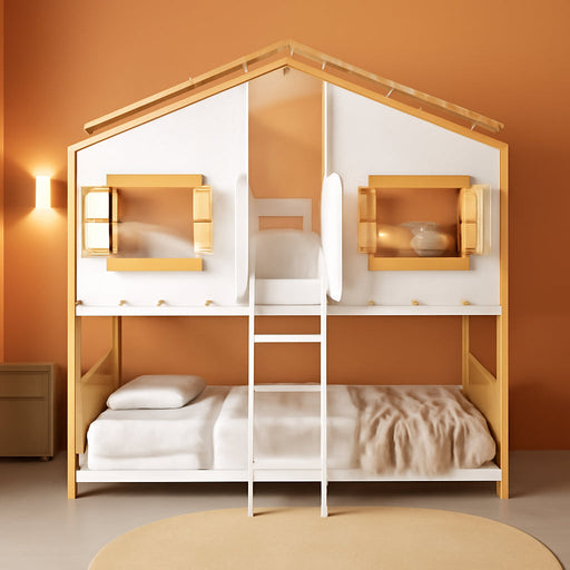 House Bunk Bed Twin over Twin for Kids, Wood Bunk Beds with Roof, Windows, Window Box and Small Door, Floor Bunk Beds with Ladder and Guard Rails for Girls Boys,Natural