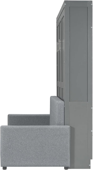 Full Size Murphy Bed, Wooden Full Murphy Bed with Cushion, Wall Bed with Sofa for Home Office or Small Room, Gray