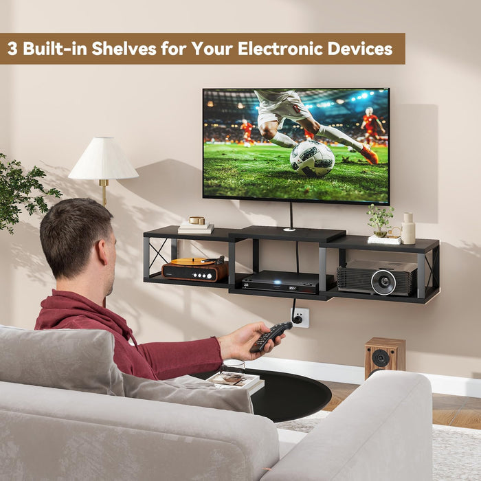 Floating TV Stand with Power Outlet,Wall-Mounted Floating Stand for Tvs up to 55",Metal Wall Entertainment Center,Wall Mounted TV Shelf with Storage for Living Room Bedroom,Black UWST011B