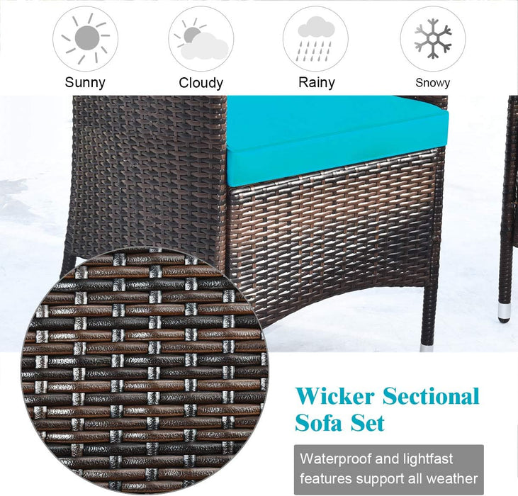 8 Pieces Patio Rattan Conversation Set with Tempered Glass Coffee Table & Thick Cushion, Wicker Set for Garden, Lawn, Poolside and Backyard